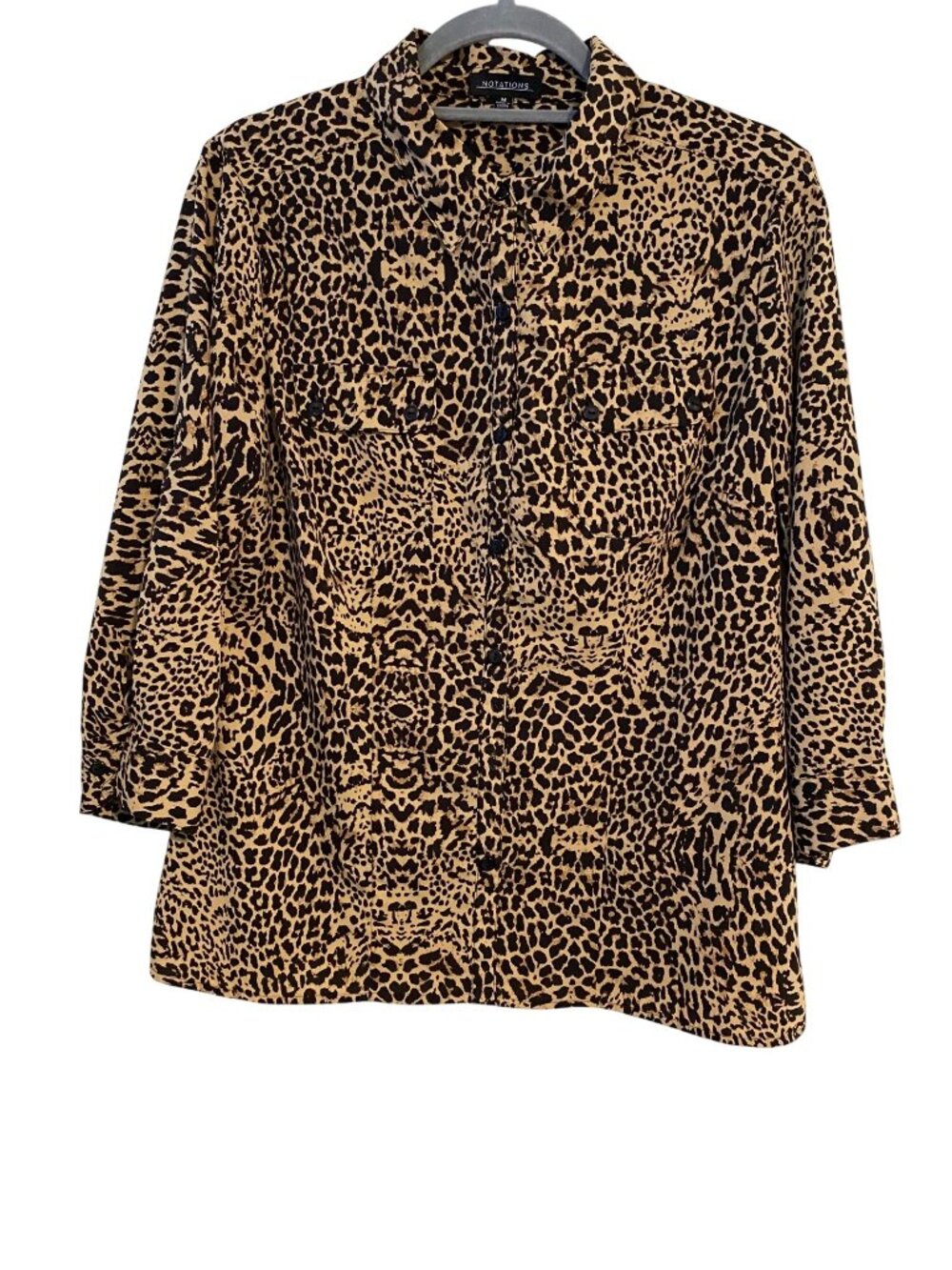 Notations Women’s M Black Tan Leopard Print Button-Up Shirt 3/4 Sleeves Pockets